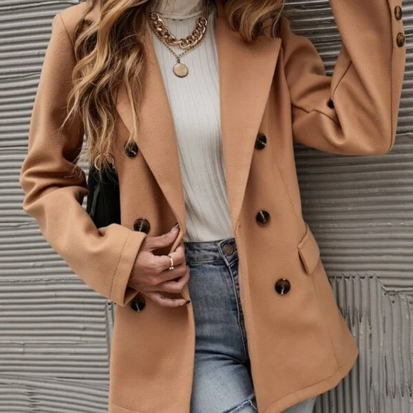 Classic Camel Double Breast Button up Jacket Coat - Picture 3 of 5
